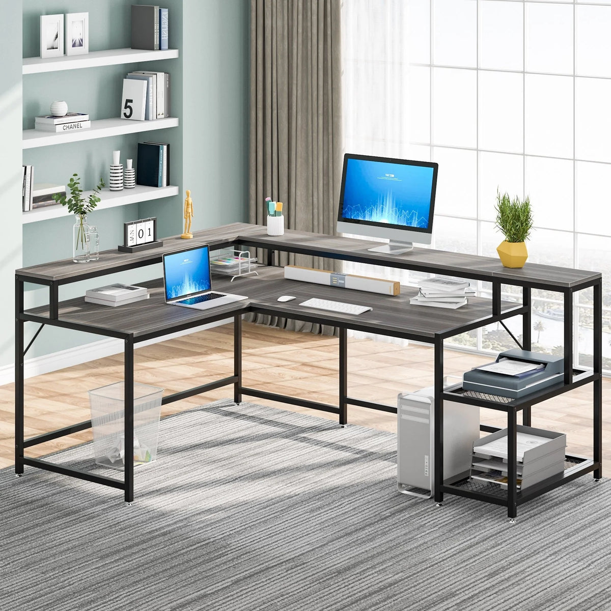 L Shaped Desk with Monitor Stand, 69 Inch White J2908