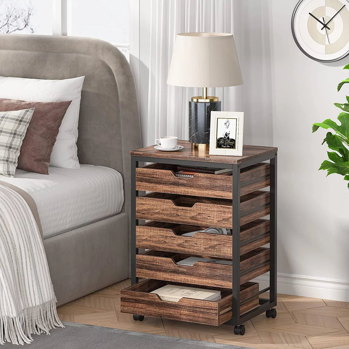 5 Drawer Wood Storage Dresser Cabinet with Wheels V9362
