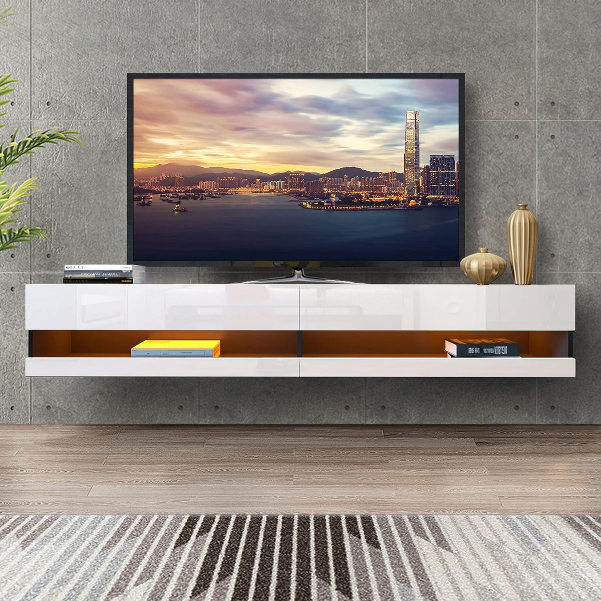 White and Black TV Stand with LED Lights and Storage Cabinet Y344