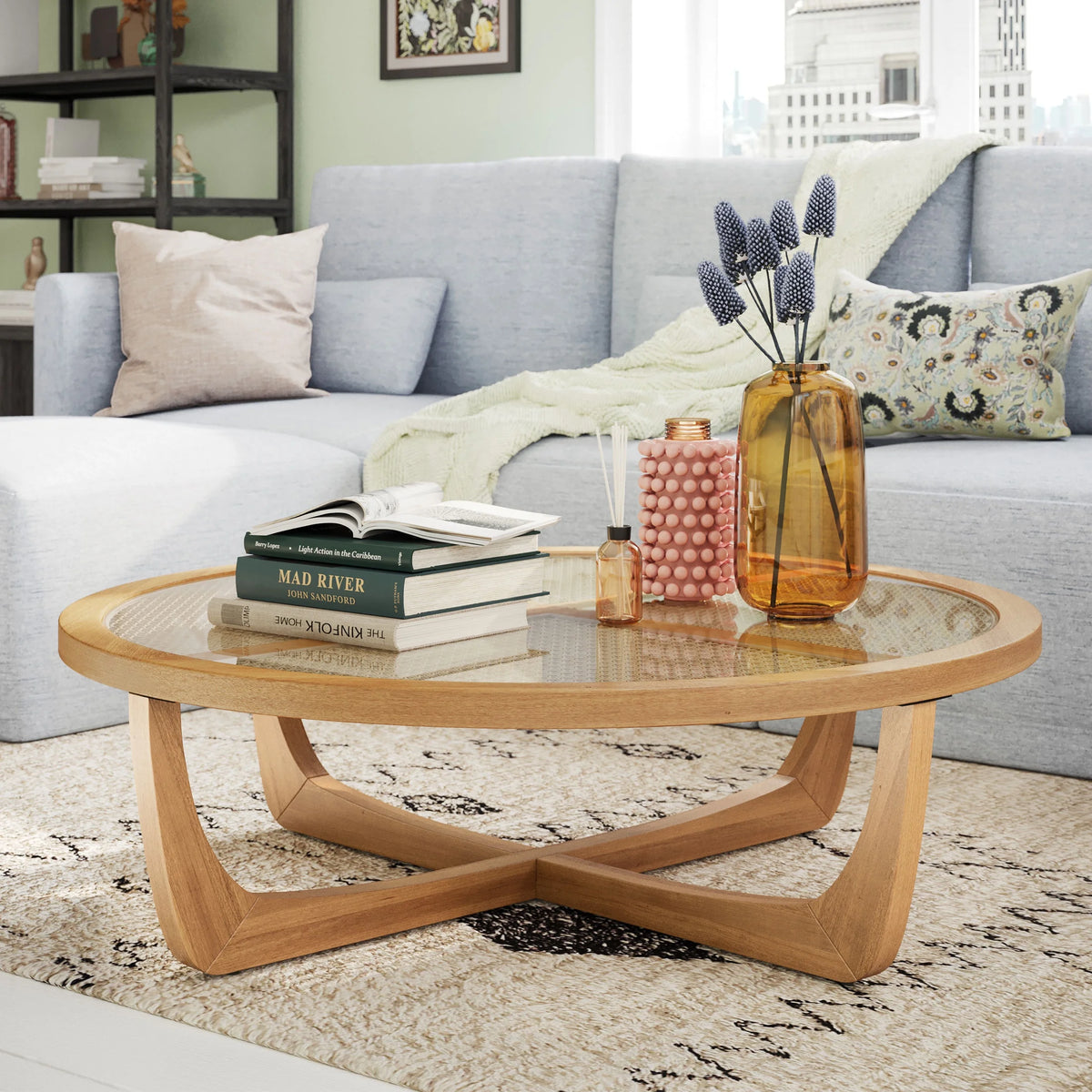 Rattan & Glass Coffee Table with Solid Wood Frame W672