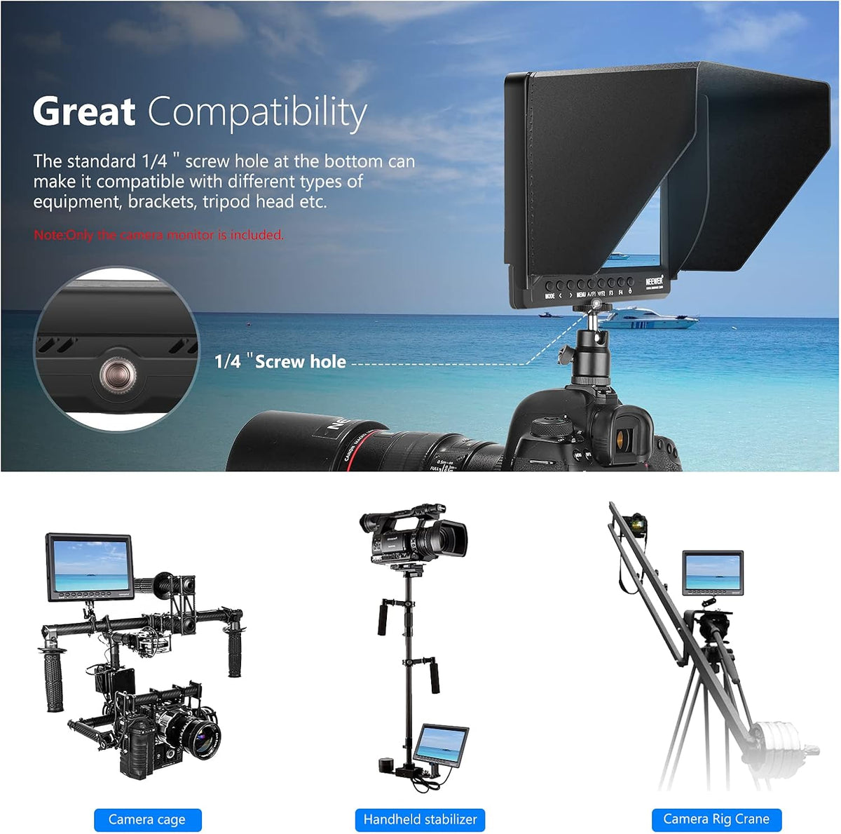 7inch Camera Field Monitor HD IPS 1280x800 4K HDMI with Sunshade and Ball Head B368