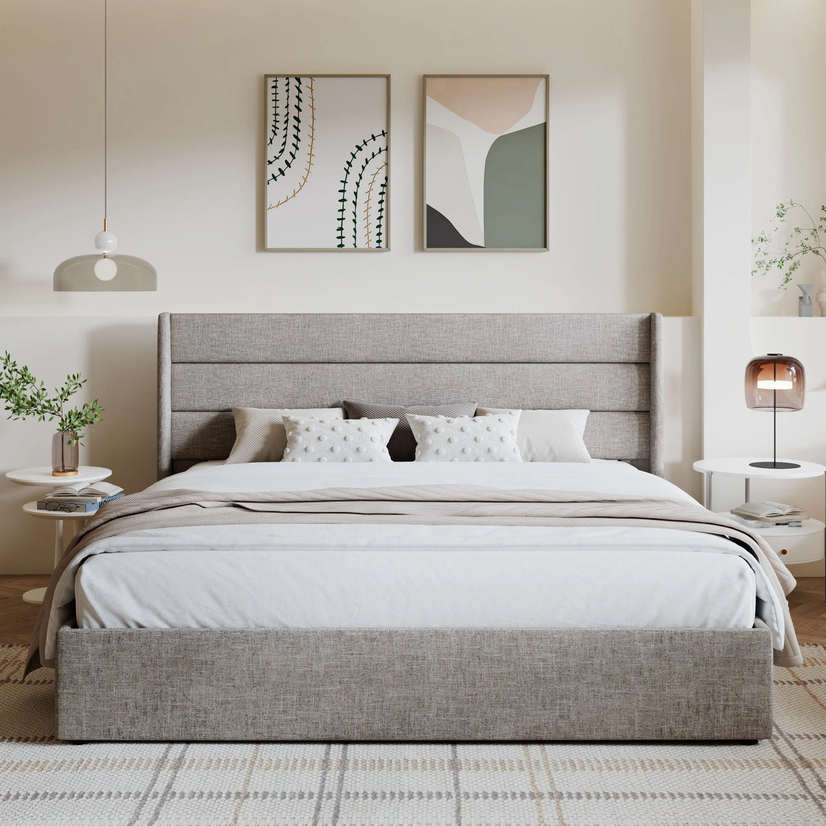 King Size Upholstered Storage Platform Bed Frame with Headboard, Beige U8533