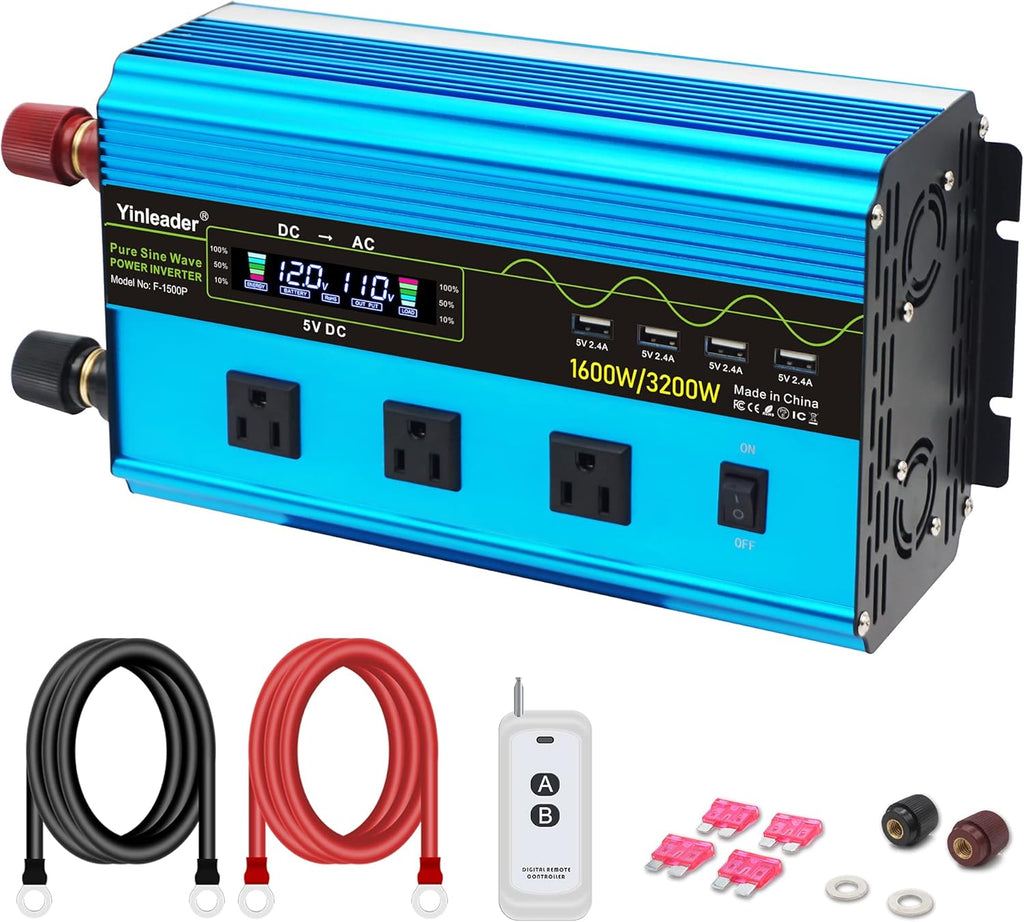 2500W Pure Sine Wave Power Inverter 12V to 110V AC with 4 Outlets 1 USB Port D25286