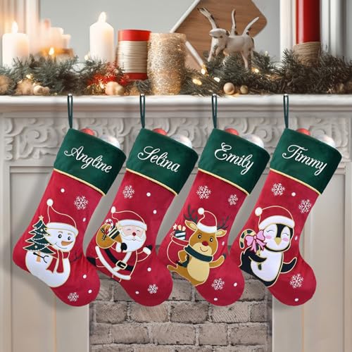 Red Velvet Penguin Christmas Stockings with Green Cuff N43210