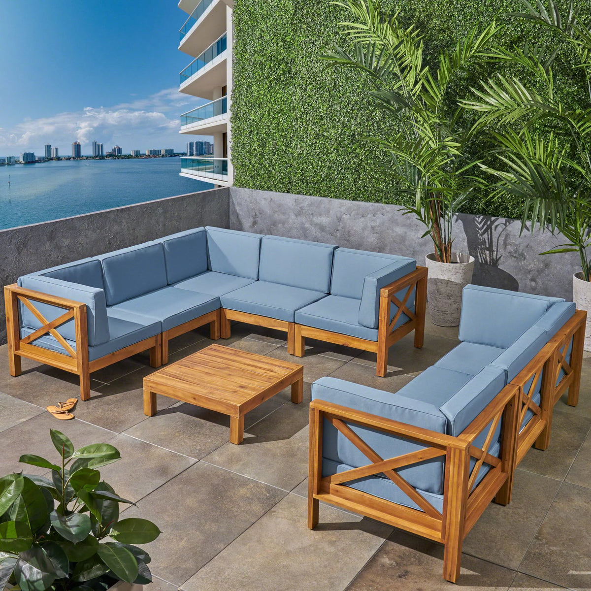 Teak Blue 8 Seater Wood Sectional Sofa Set with Coffee Table A583099