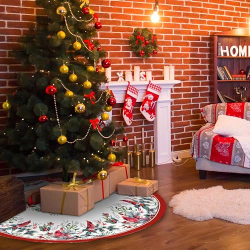 Christmas Tree Skirt 36 Inches Red Poinsettia Floral Holly Leaves White V8025