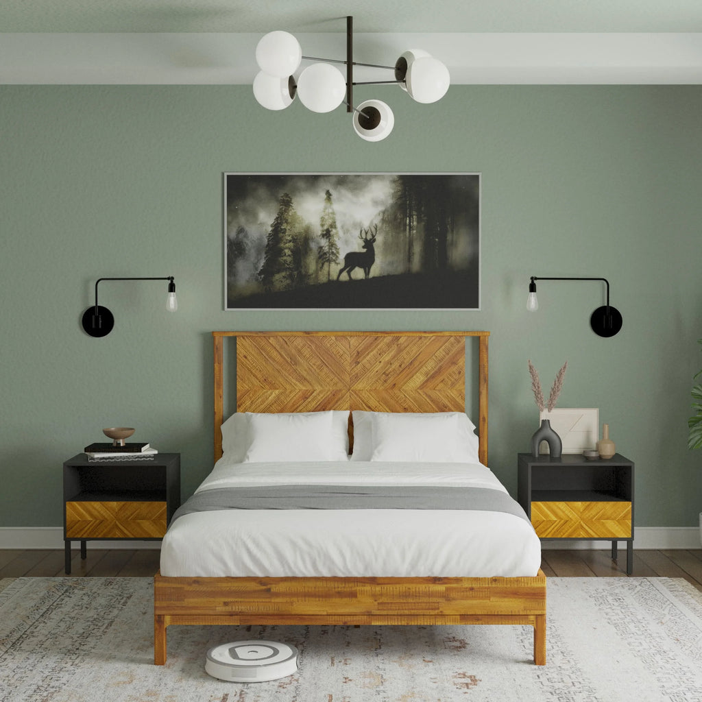 Queen Platform Bed Frame with Headboard Solid Wood Black Y19016