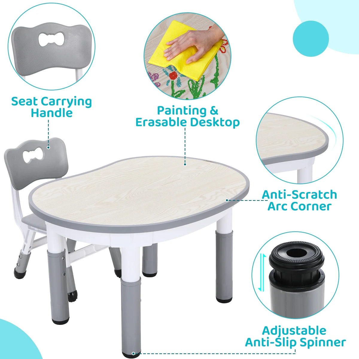 Height Adjustable Kids Table and 2 Chairs Set E176019
