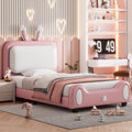 White Pink Twin Size Upholstered Platform Bed Frame with Headboard and Footboard O249089