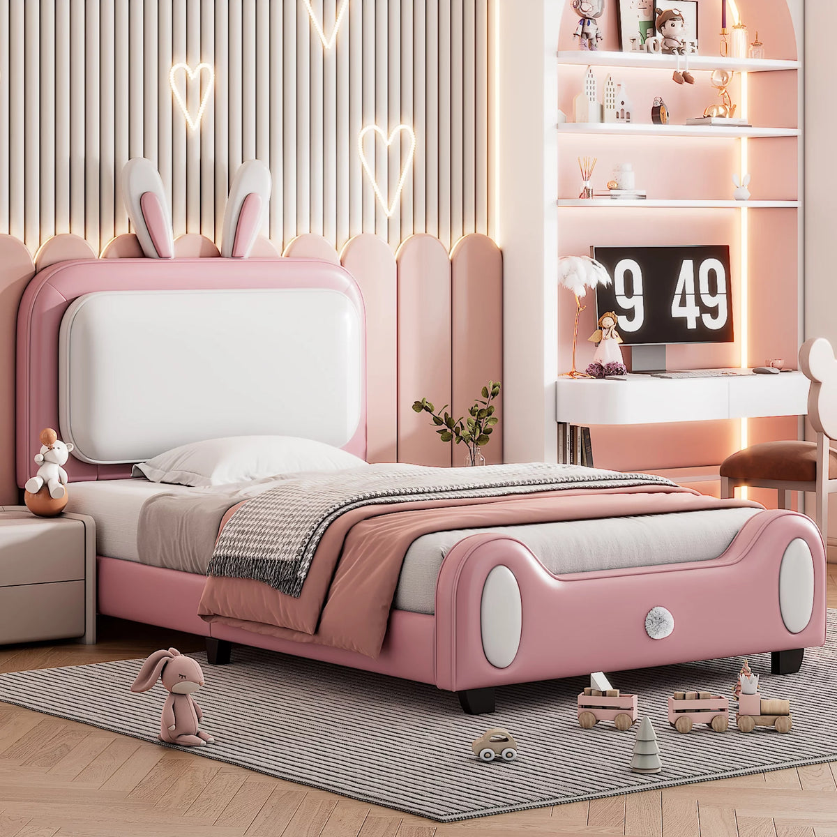 White Pink Twin Size Upholstered Platform Bed Frame with Headboard and Footboard O249089
