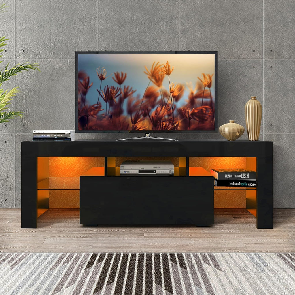 White and Black TV Stand with LED Lights and Storage Cabinet Y344