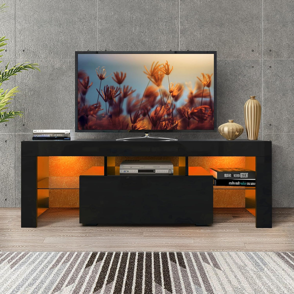 White and Black TV Stand with LED Lights and Storage Cabinet Y344