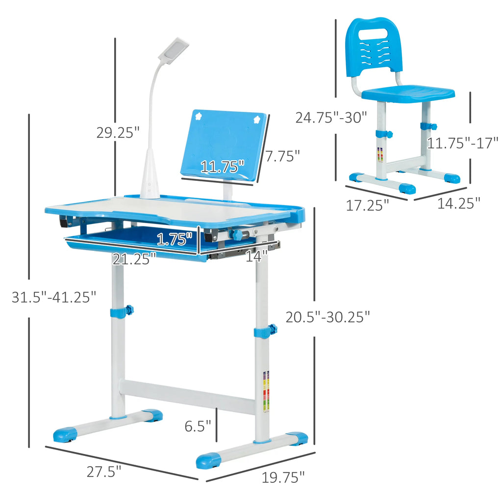 Kids Table and Chair Set with USB Lamp and Storage Drawer, Blue and White H64595