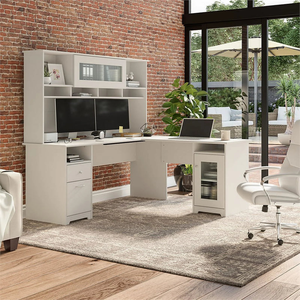 White L Shaped Computer Desk with Hutch Q135494