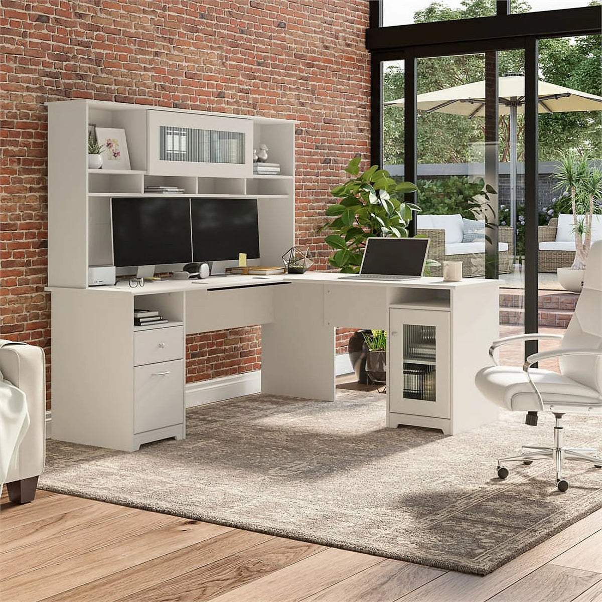 White L Shaped Computer Desk with Hutch Q135494