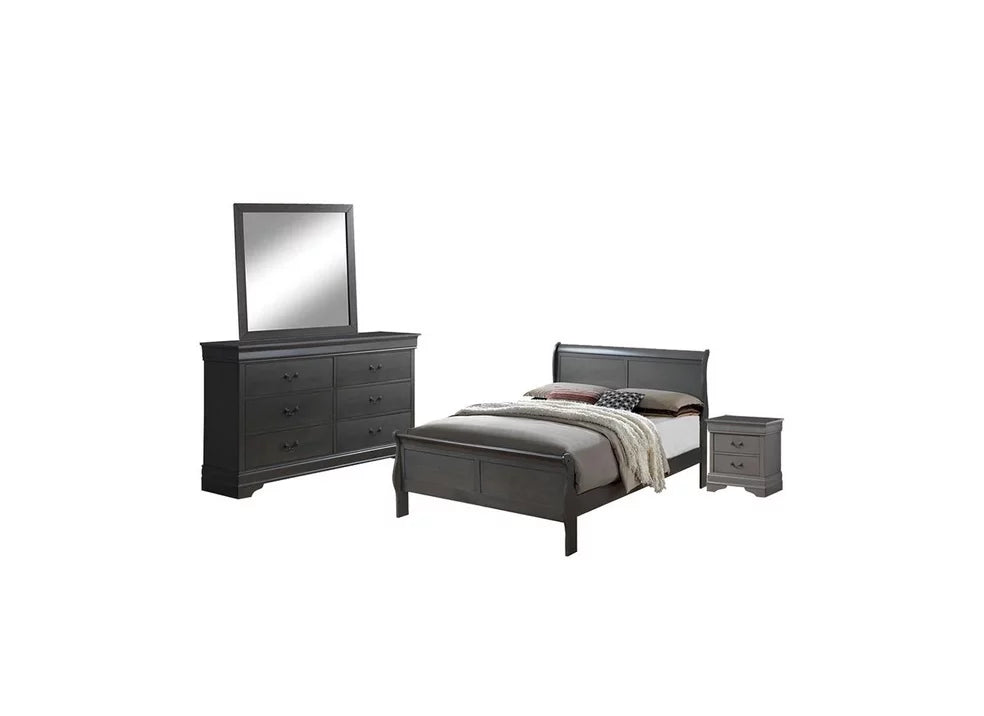 Gray Solid Wood 6pcs Bedroom Furniture Set Eastern King Size Bed Dresser Mirror Nightstands Chest X3262
