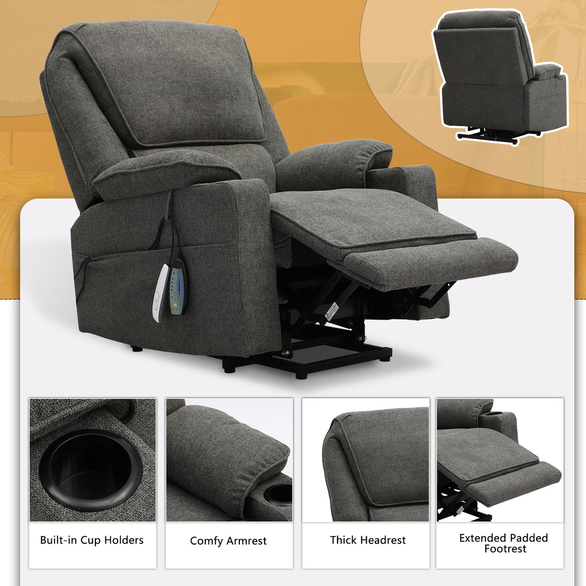 Dark Gray Linen Power Lift Recliner with Cup Holder P773