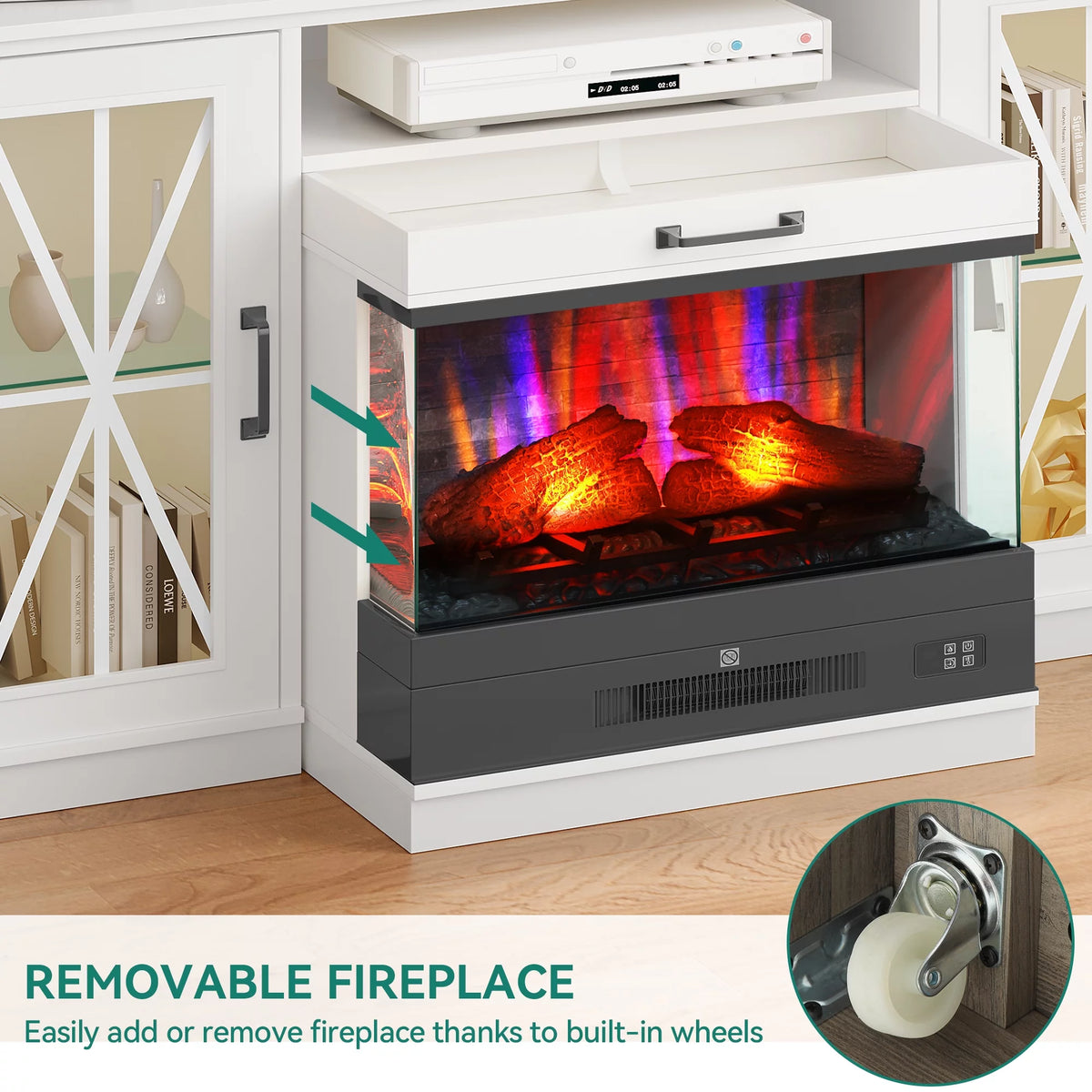 60 Inch White Entertainment Console with Slidable Fireplace and Storage Compartments A5765