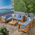 Teak Blue 8 Seater Wood Sectional Sofa Set with Coffee Table A583099