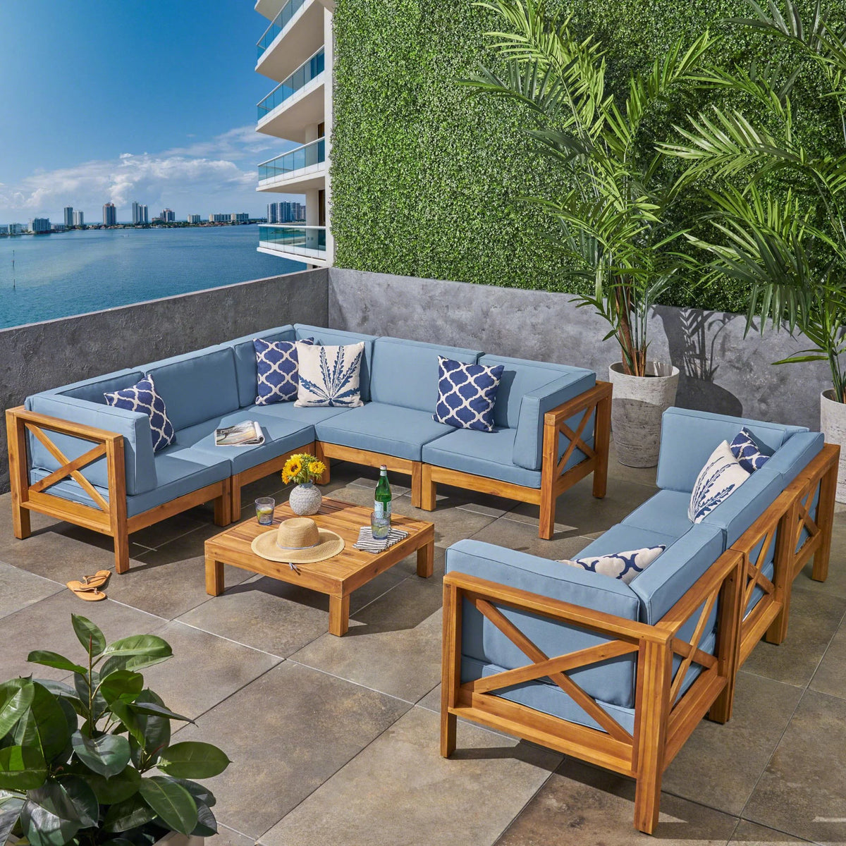 Teak Blue 8 Seater Wood Sectional Sofa Set with Coffee Table A583099