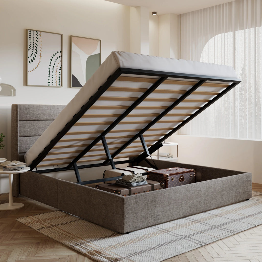 King Size Upholstered Storage Platform Bed Frame with Headboard, Beige U8533