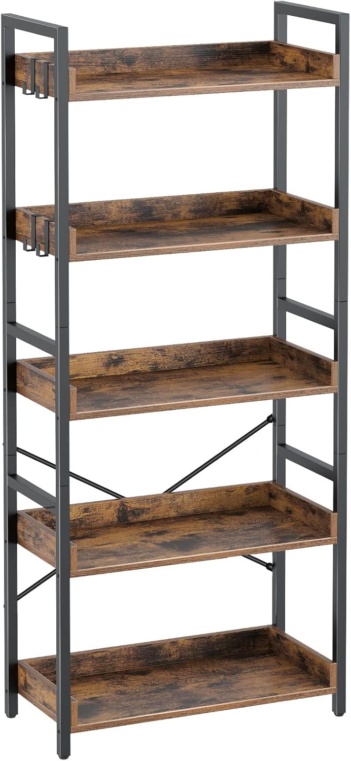 5 Tier Wood Bookshelf with 4 Hooks I763341