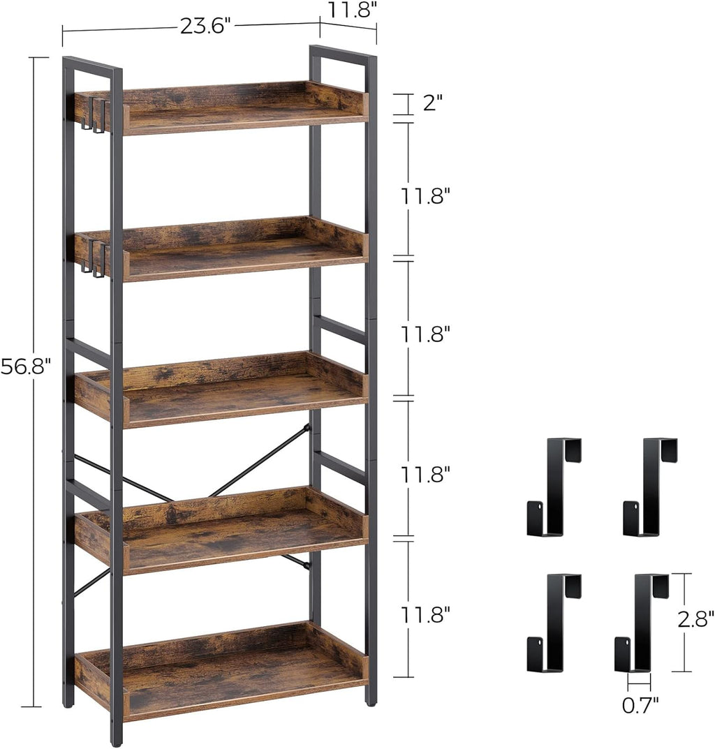 5 Tier Wood Bookshelf with 4 Hooks I763341