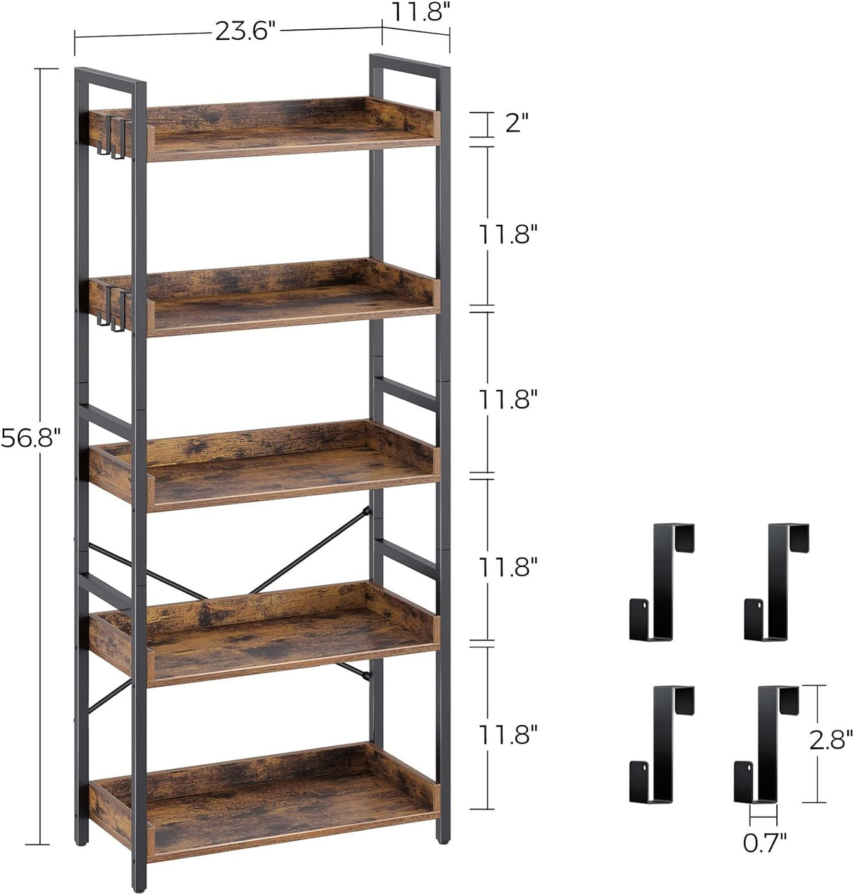 5 Tier Wood Bookshelf with 4 Hooks I763341