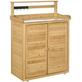 Wooden Potting Bench Table with 3-Tier Shelves and Cabinet Q7453