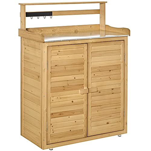 Wooden Potting Bench Table with 3-Tier Shelves and Cabinet Q7453