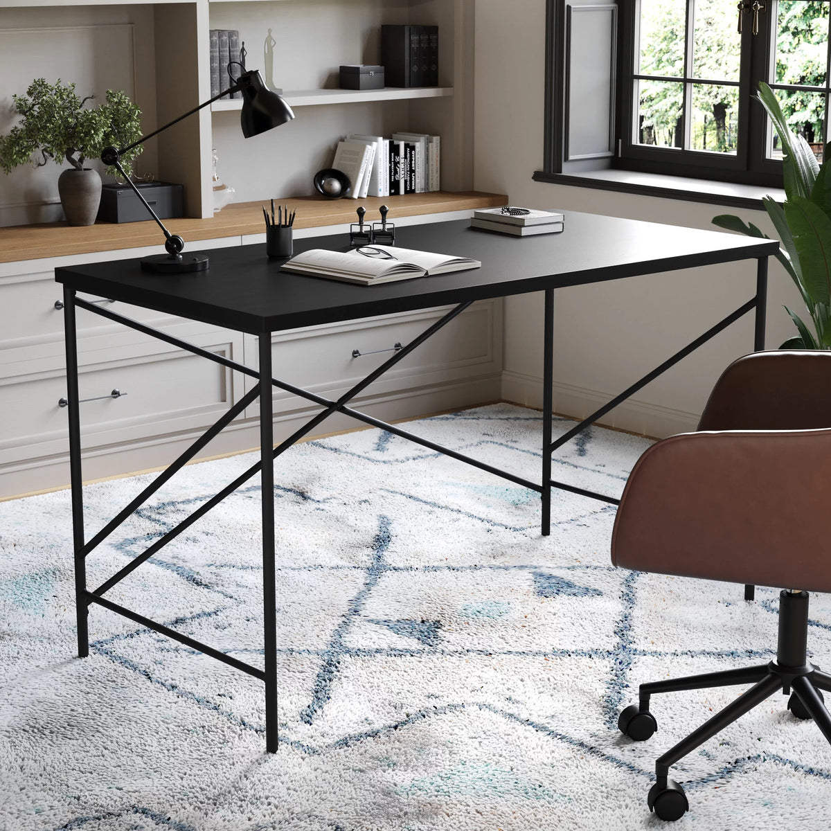 Black Wood Grain Parsons Desk with Metal X-Frame B7701