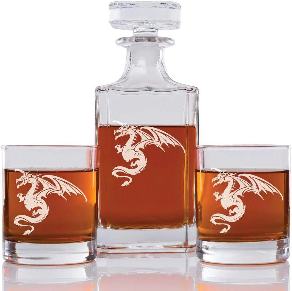 Dragon Engraved Decanter And Rock Glasses, Set Of 3 I862