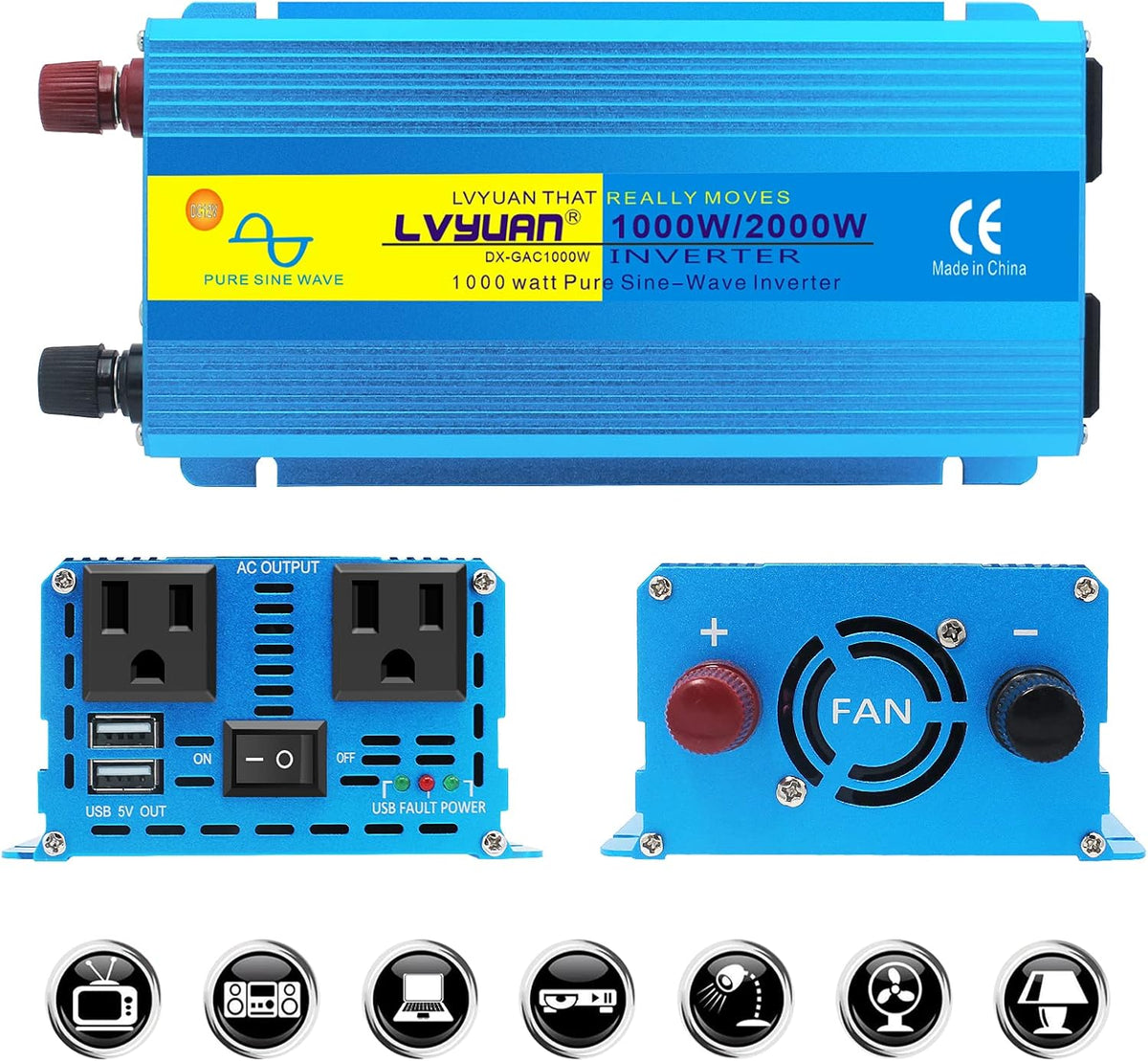 2500W Pure Sine Wave Power Inverter 12V to 110V AC with 4 Outlets 1 USB Port D25286