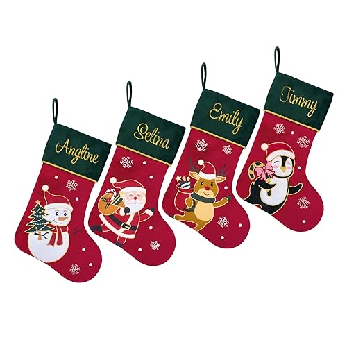 Red Velvet Penguin Christmas Stockings with Green Cuff N43210