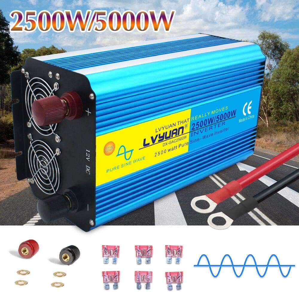 2500W Pure Sine Wave Power Inverter 12V to 110V AC with 4 Outlets 1 USB Port D25286