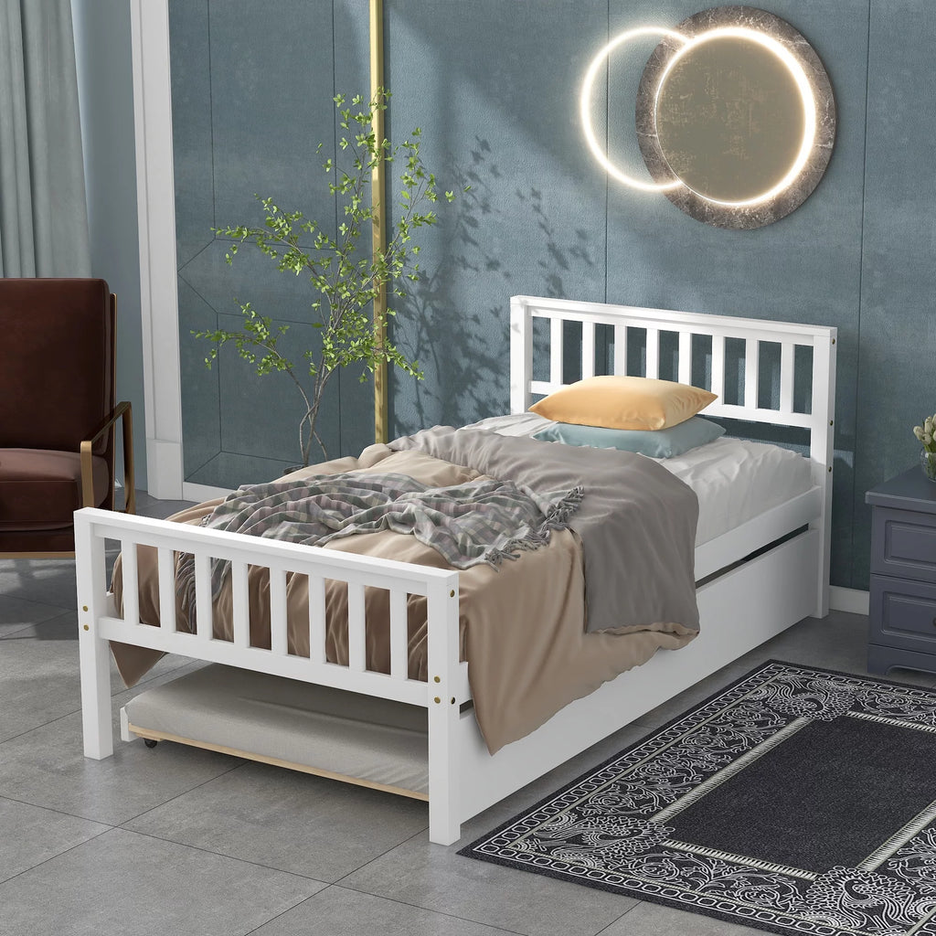 Twin Bed with Trundle and Headboard White N2714