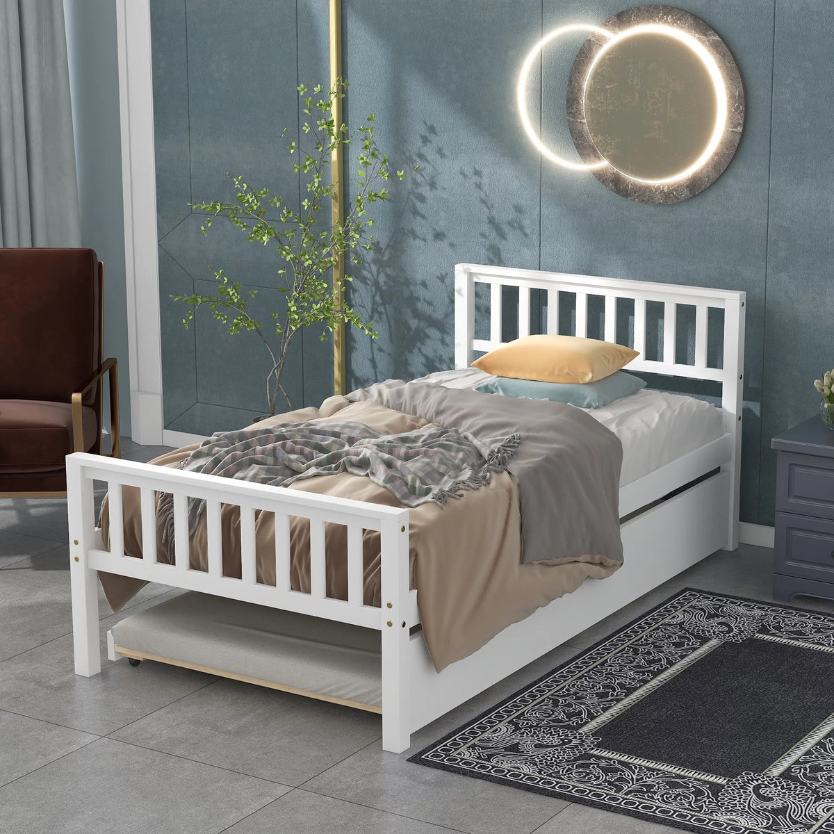 Twin Bed with Trundle and Headboard White N2714