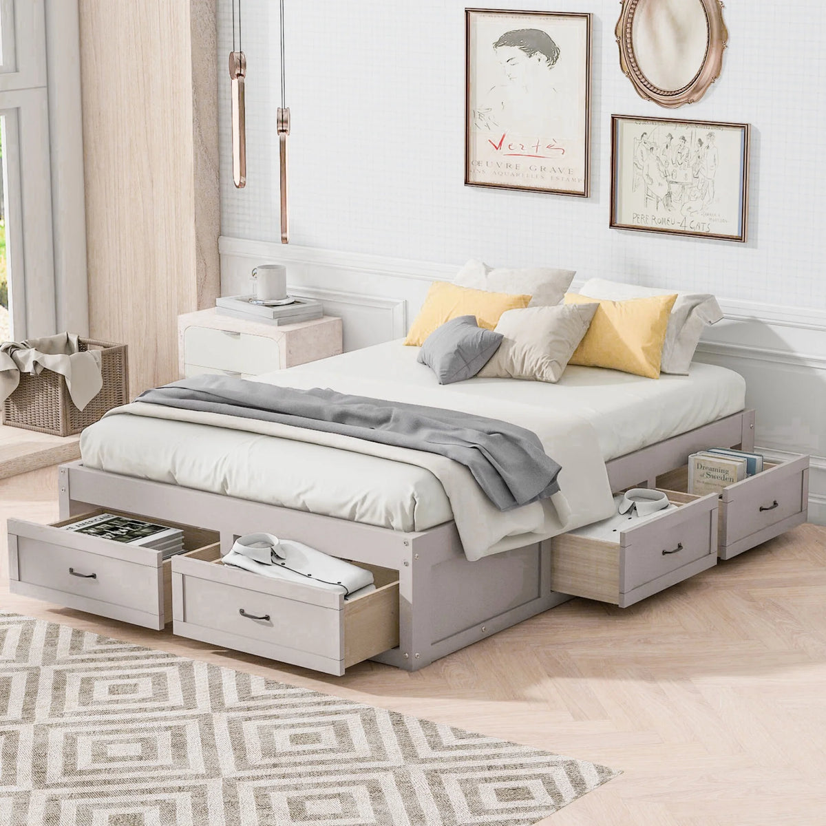 Full Size 6 Drawer Wood Platform Bed Antique Gray O516