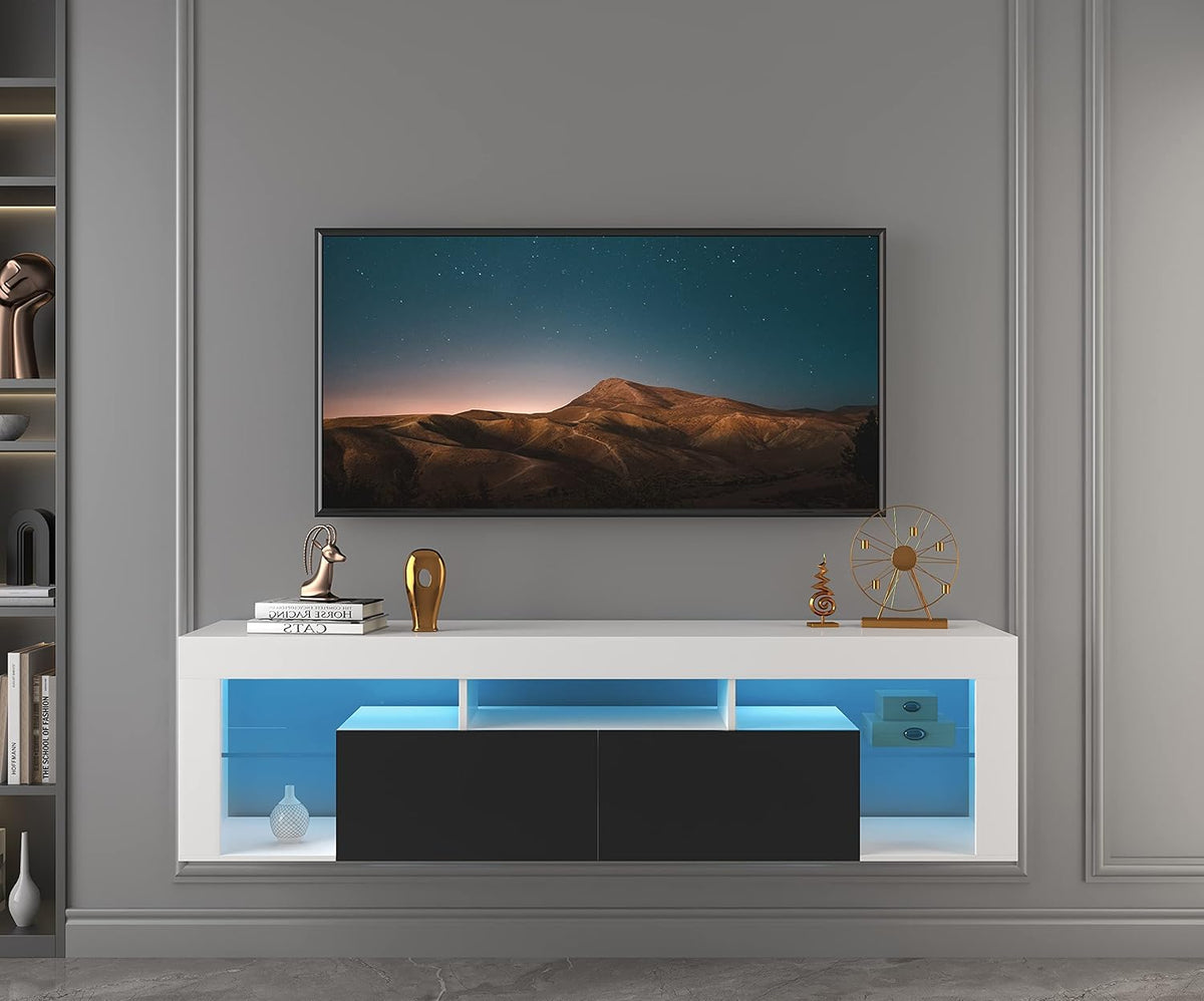 White and Black TV Stand with LED Lights and Storage Cabinet Y344