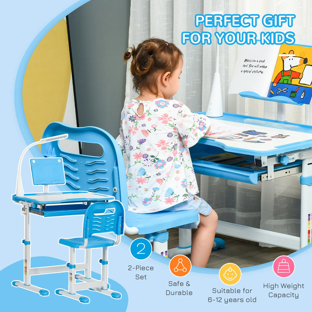 Kids Table and Chair Set with USB Lamp and Storage Drawer, Blue and White H64595