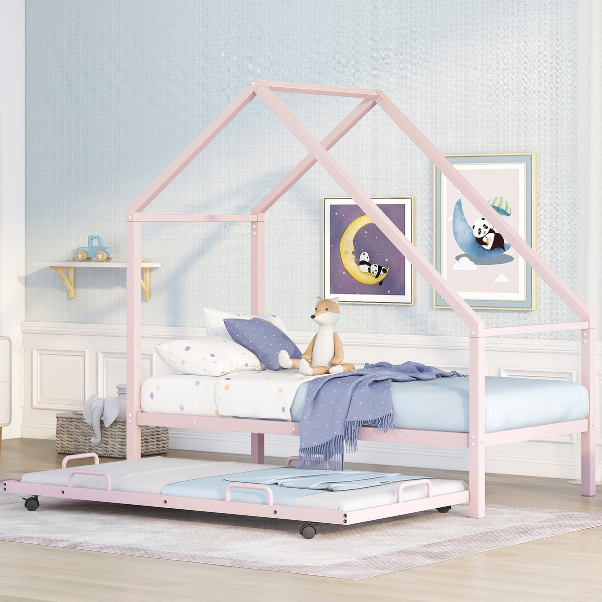 Twin Size Pink Metal House Platform Bed with Trundle A3290
