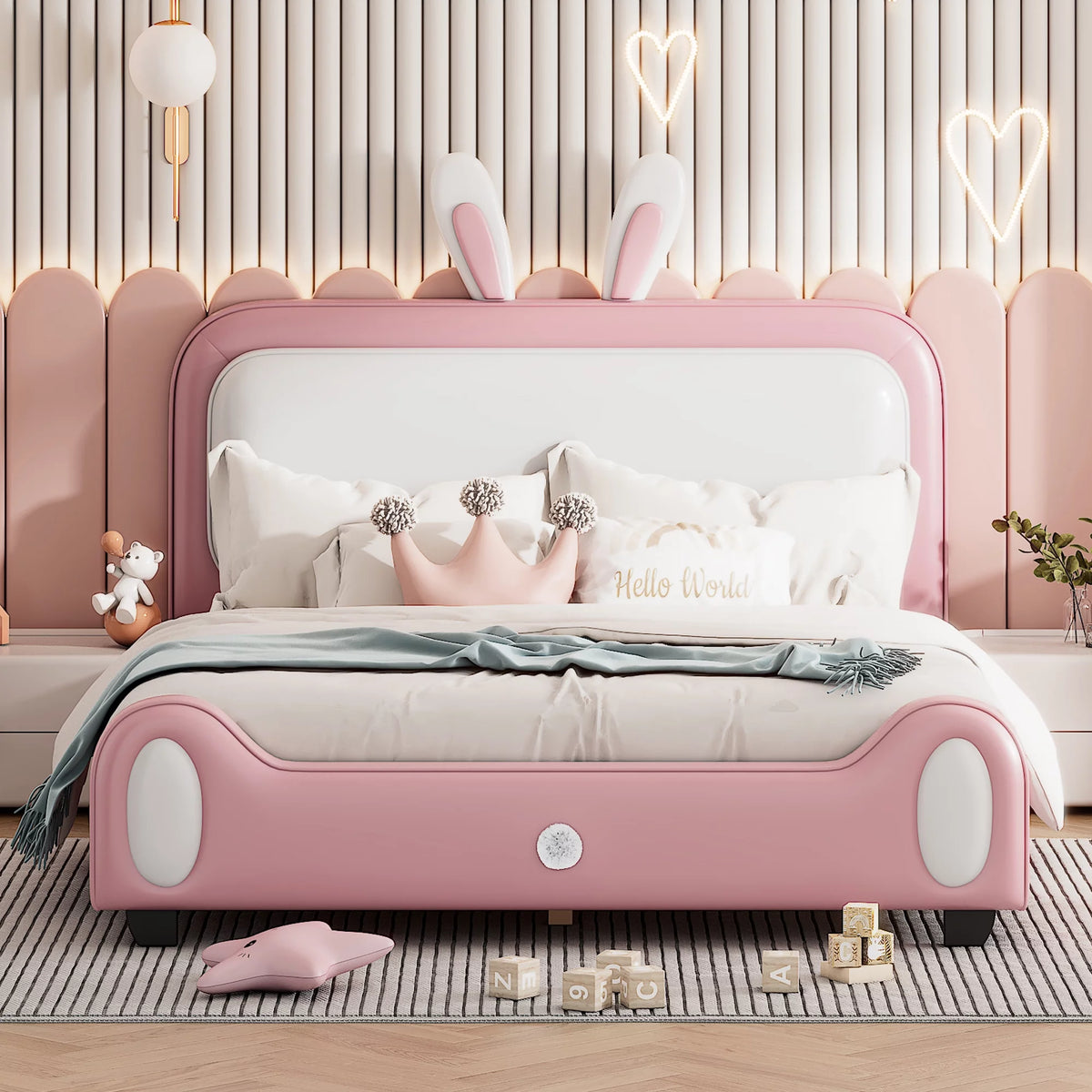 Pink Full Size Kids Princess Bed with Bunny Shape Headboard E69222
