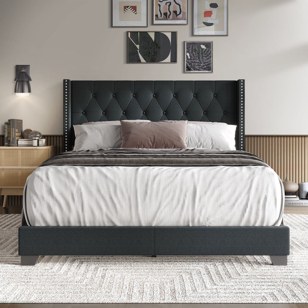 Blue Linen Upholstered Wingback Bed B371663