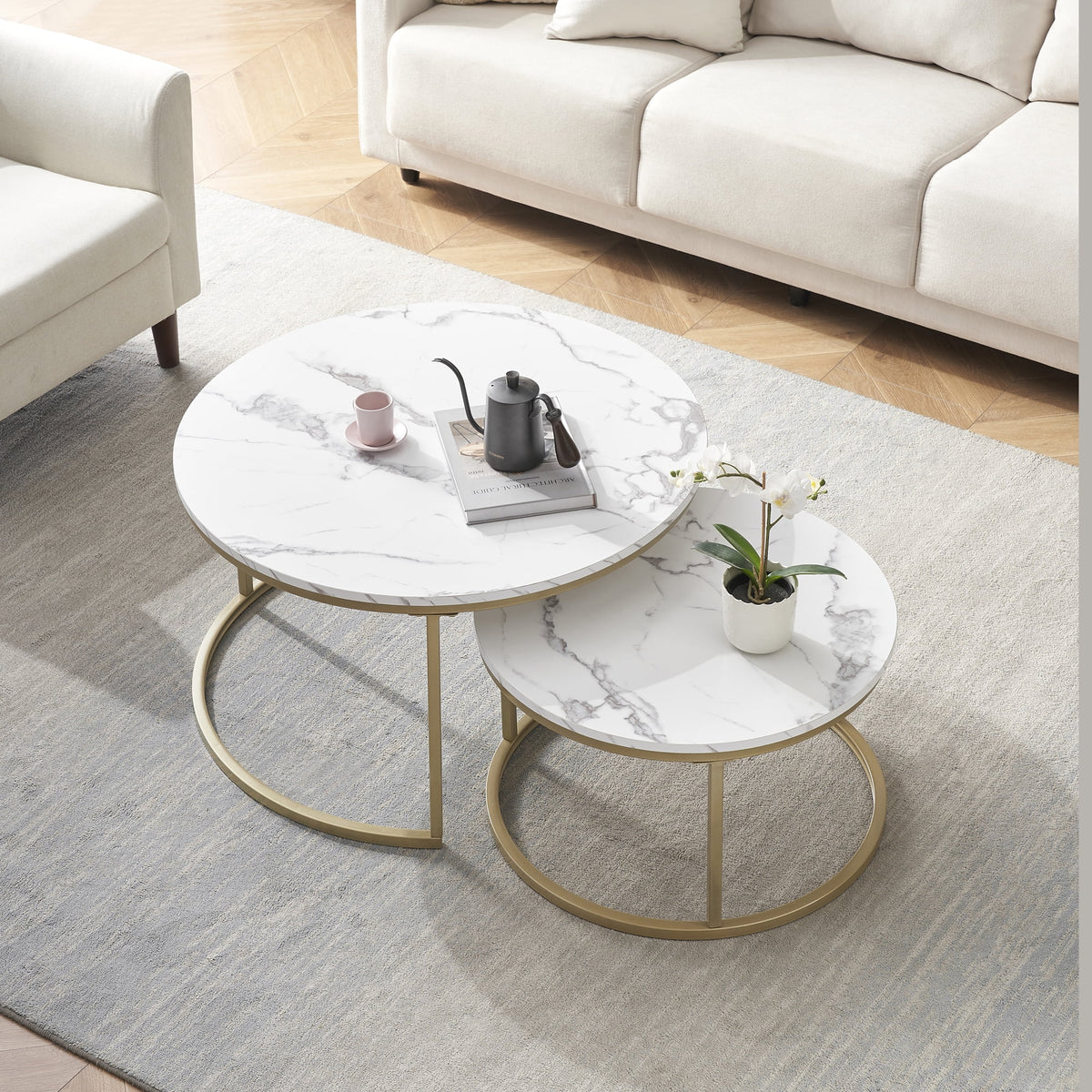 White Faux Marble Top Round Nesting Coffee Table Set M8633