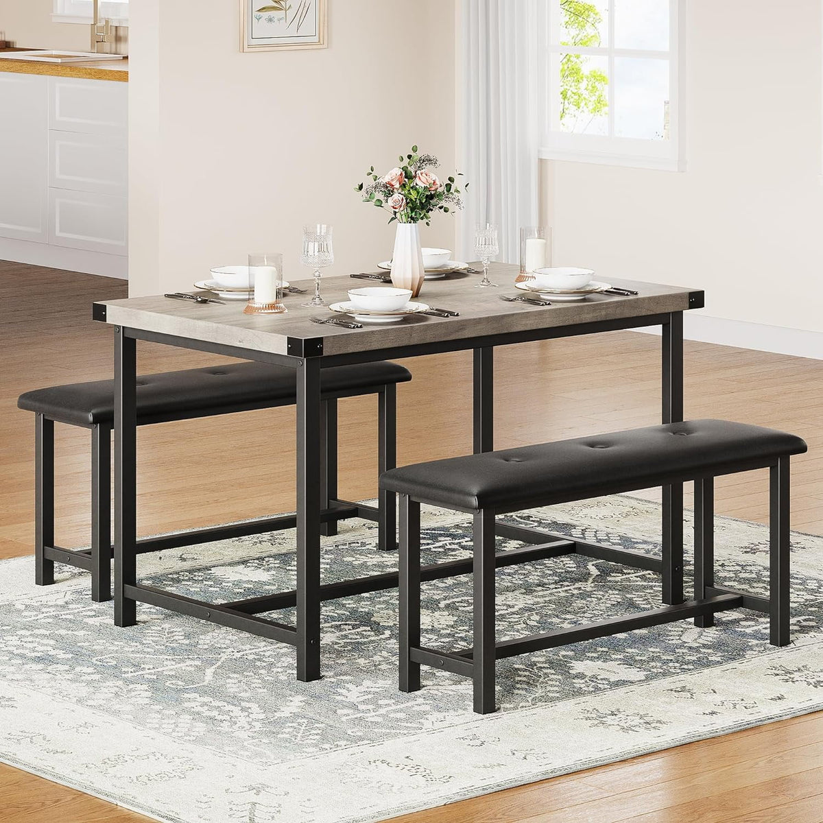Rustic Grey 3 Piece Dining Table Set with 2 Benches E721816