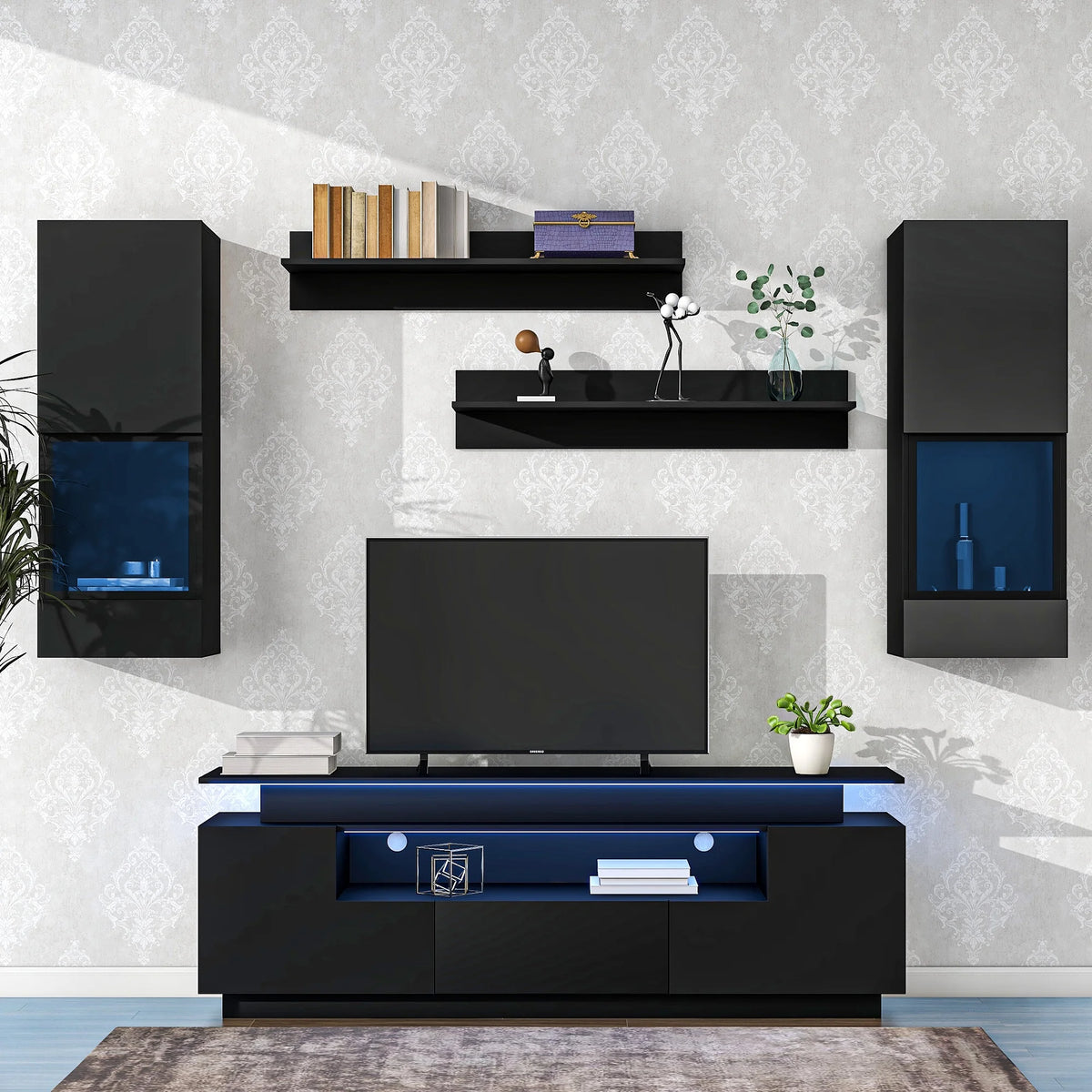 Black 5 Pieces Wall Mounted TV Stand with LED Light Strips B8714