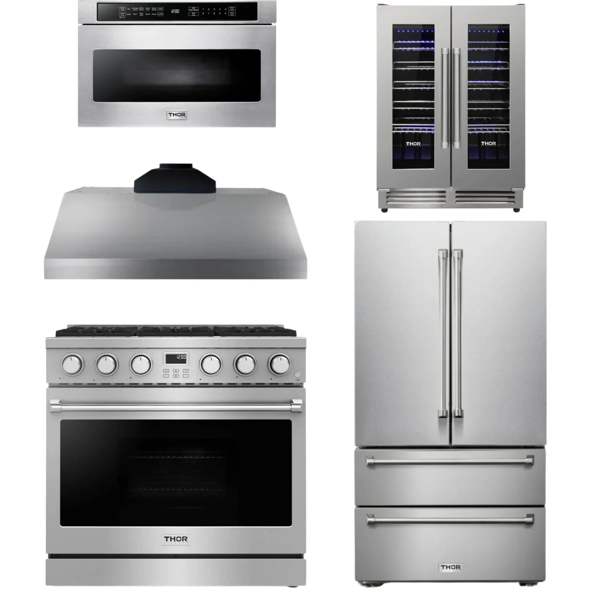 36 Gas Range, Range Hood, Refrigerator, Microwave and Wine Cooler O354