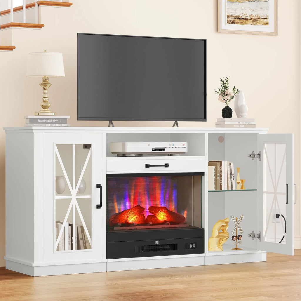 60 Inch White Entertainment Console with Slidable Fireplace and Storage Compartments A5765