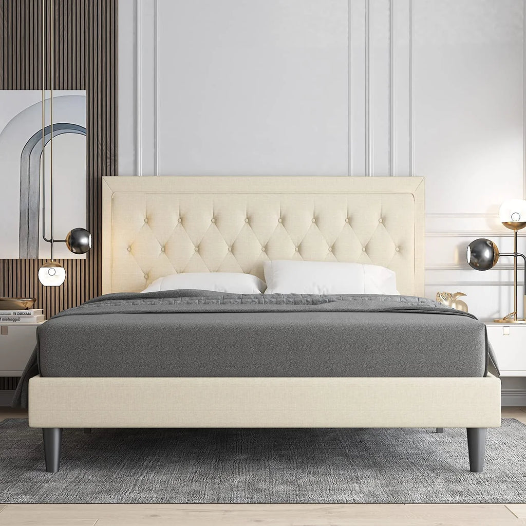 Queen Size Beige Upholstered Platform Bed Frame Q9174