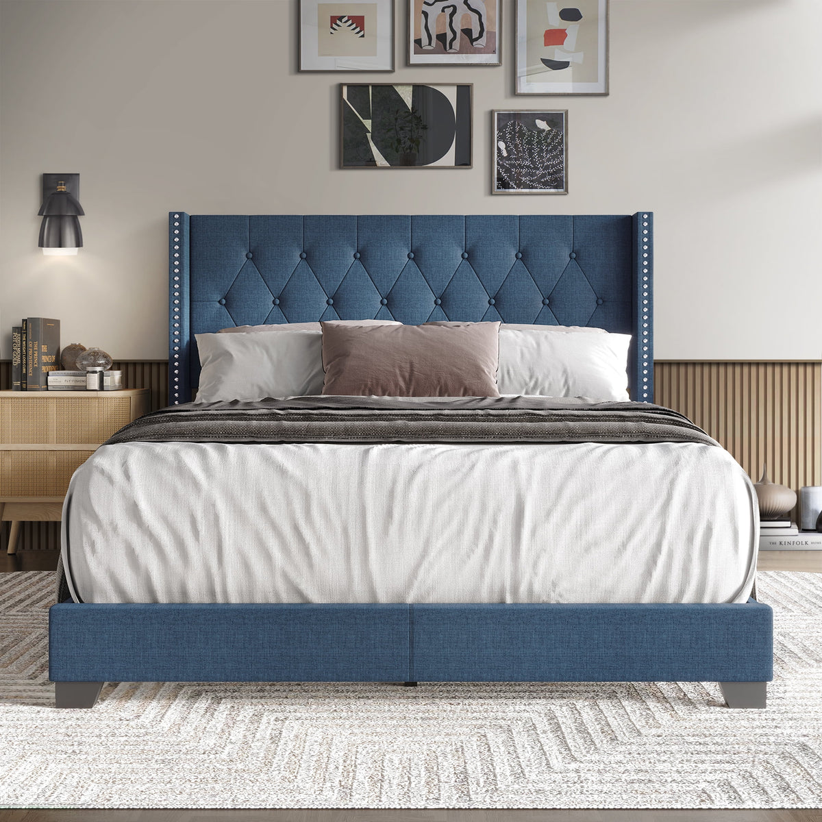 Blue Linen Upholstered Wingback Bed B371663